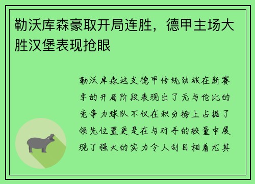 勒沃库森豪取开局连胜，德甲主场大胜汉堡表现抢眼