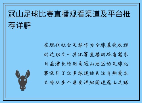 冠山足球比赛直播观看渠道及平台推荐详解